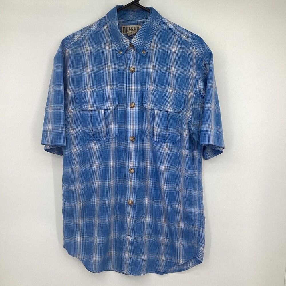 Men's Duluth Wicking Short Sleeved Button Front Paid Shirt small blue/white‎